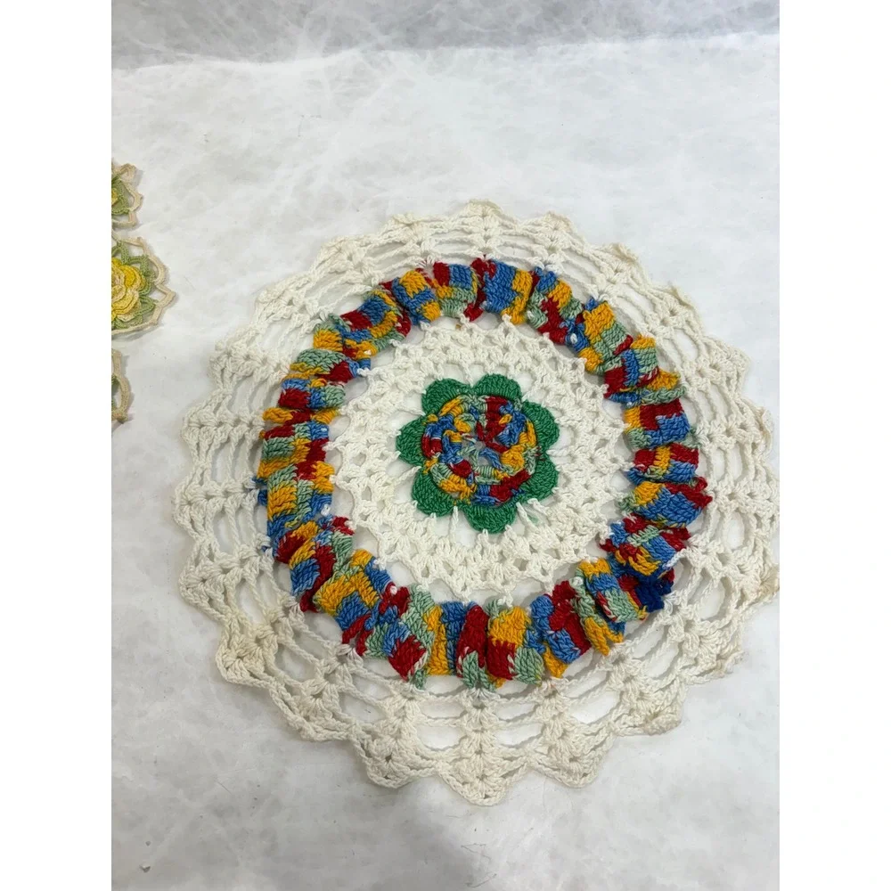 Vintage Handmade Crochet Doilies Set of 2 Yellow Rose 3D Floral Lace Multi-Color